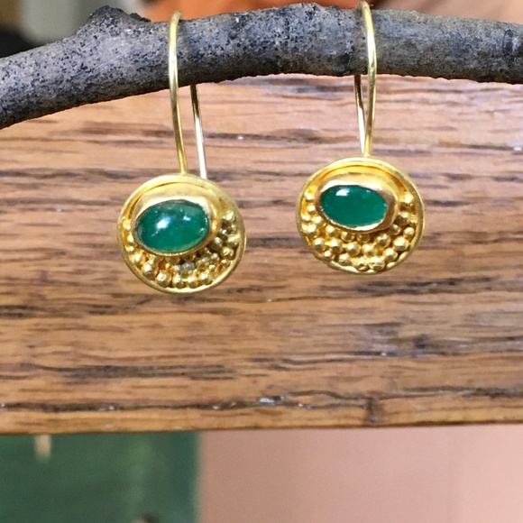 22K Gold Granulated Emerald Cabochon Drop EarrIngs - Picture 8 of 8